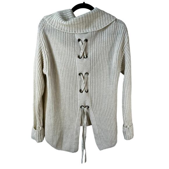 American Rag Cie Women's Lace Up Back Chunky Knit Sweater Cream Small Fisherman - Picture 1 of 9